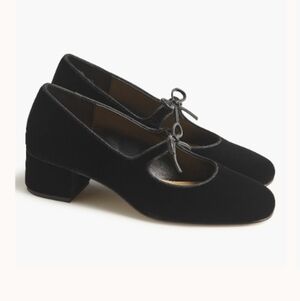 New J. Crew Factory Velvet bow tie heeled Mary Janes Shoes Black Size 5